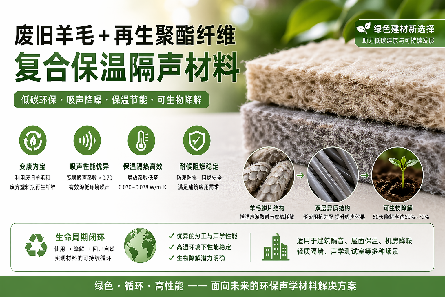 废旧羊毛与再生聚酯纤维复合保温隔声材料及其生物降解性能研究